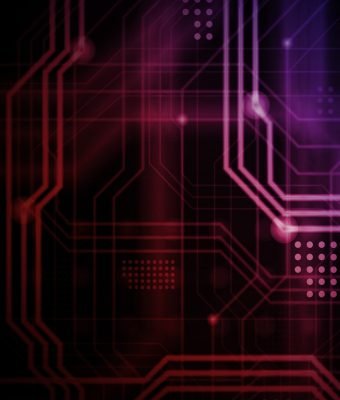 An abstract technological background consisting of a multitude of luminous guiding lines and dots forming a kind of physical motherboard. Red and violet color